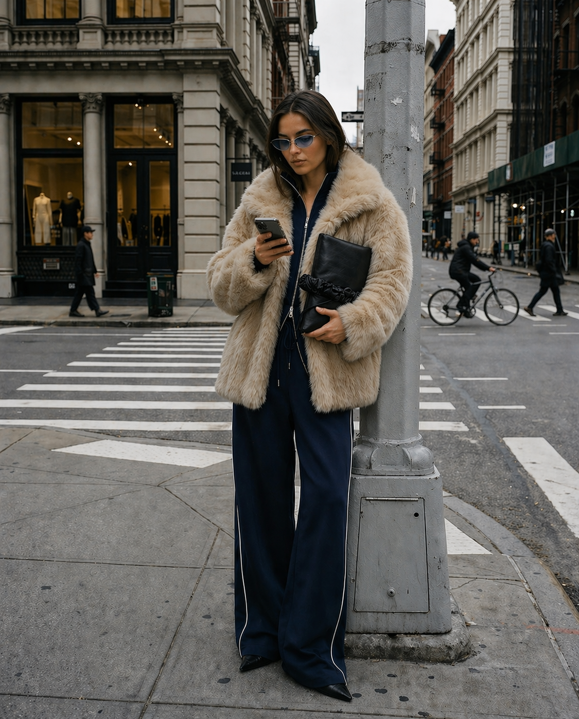 Model in New York wears SOLENNE iPad sleeve made from deadstock fabric in Paris