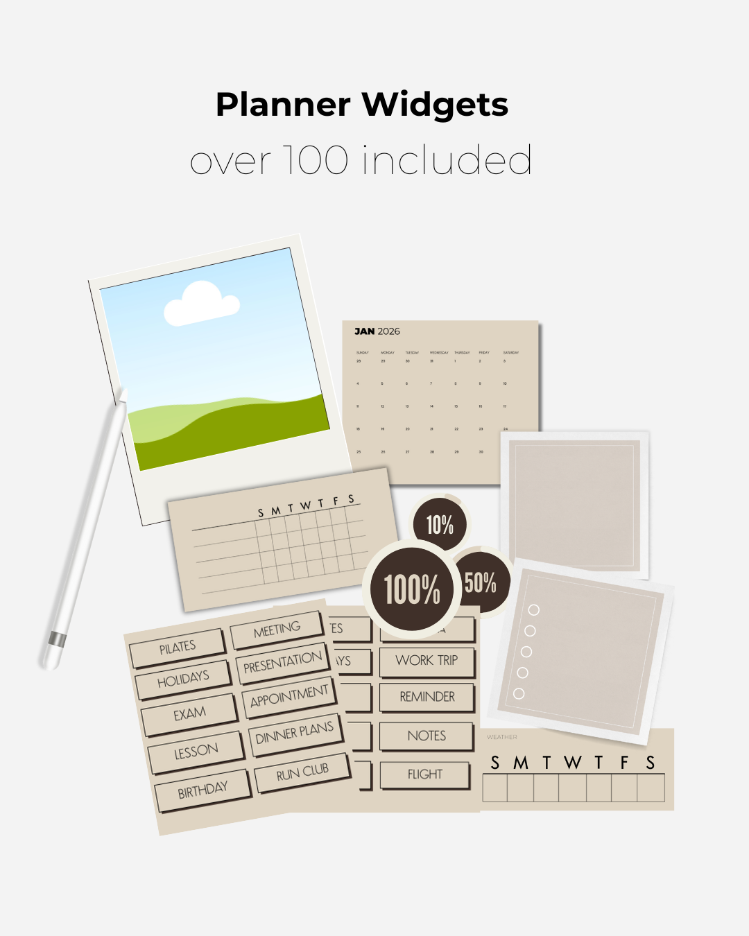 Planner Widgets Included - over 100 digital stickers included. 